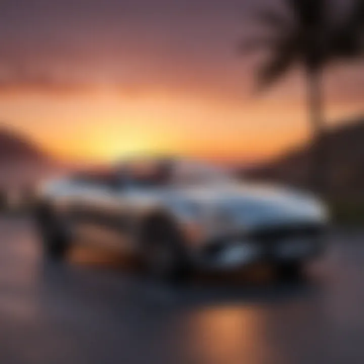 A sleek convertible parked against a sunset backdrop