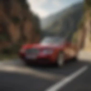 Dynamic driving shot of the 2008 Bentley Convertible on a scenic road