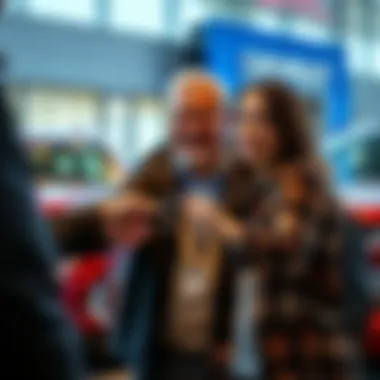 Customer Satisfaction Moment A satisfied customer receiving keys to their new vehicle at the dealership