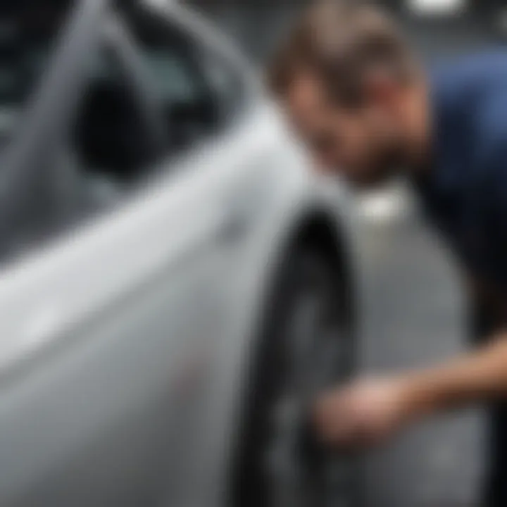 Professional technician applying a dent repair technique