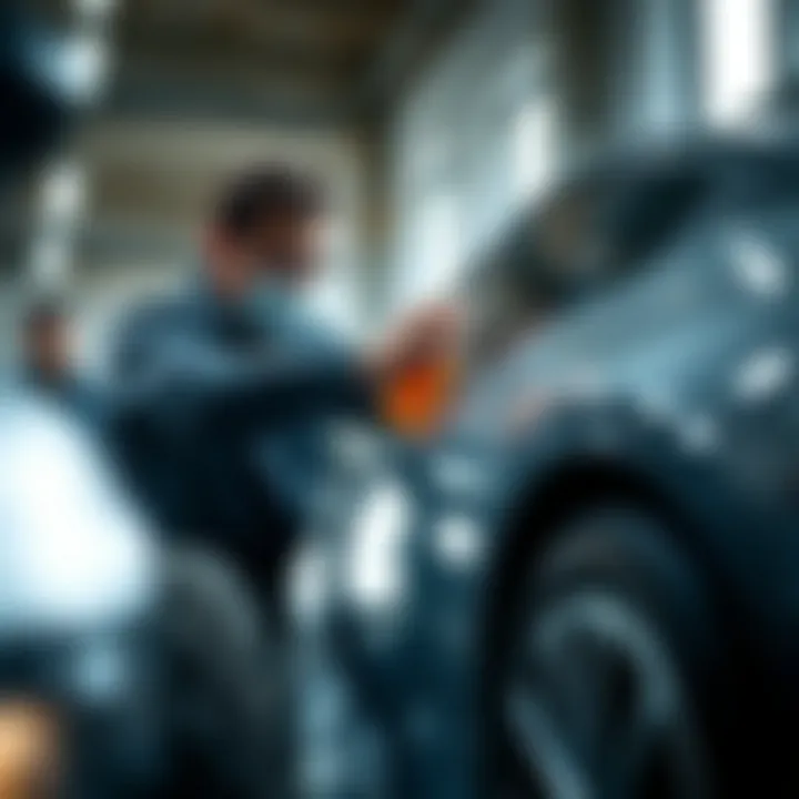 Professional Technique for Scratch Elimination A professional applying a solution to car scratches.
