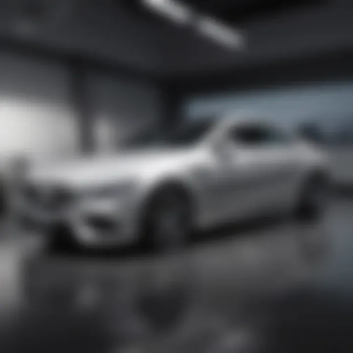 Overview of the Mercedes CLS in a luxury automotive showroom