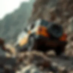 A rugged SUV navigating through rocky terrain