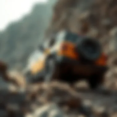 Rugged SUV on Rocky Terrain A rugged SUV navigating through rocky terrain