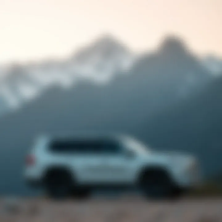 SUV Against Mountainous Backdrop A scenic view of an SUV against a mountainous backdrop