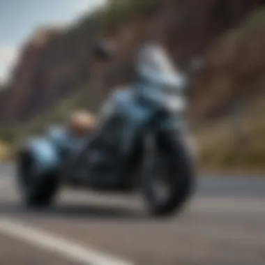 Side profile view of a tilting three-wheel motorcycle on a scenic road