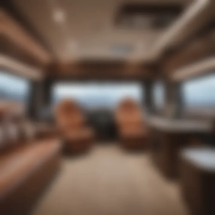 An interior shot of a luxurious motor home, highlighting stylish furnishings and amenities