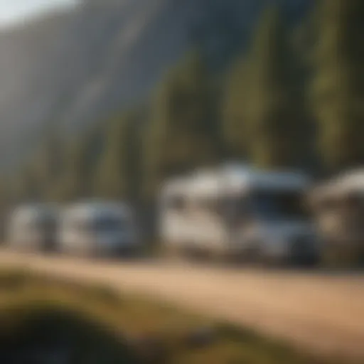 A scenic view showcasing a variety of motor homes parked at a picturesque campsite