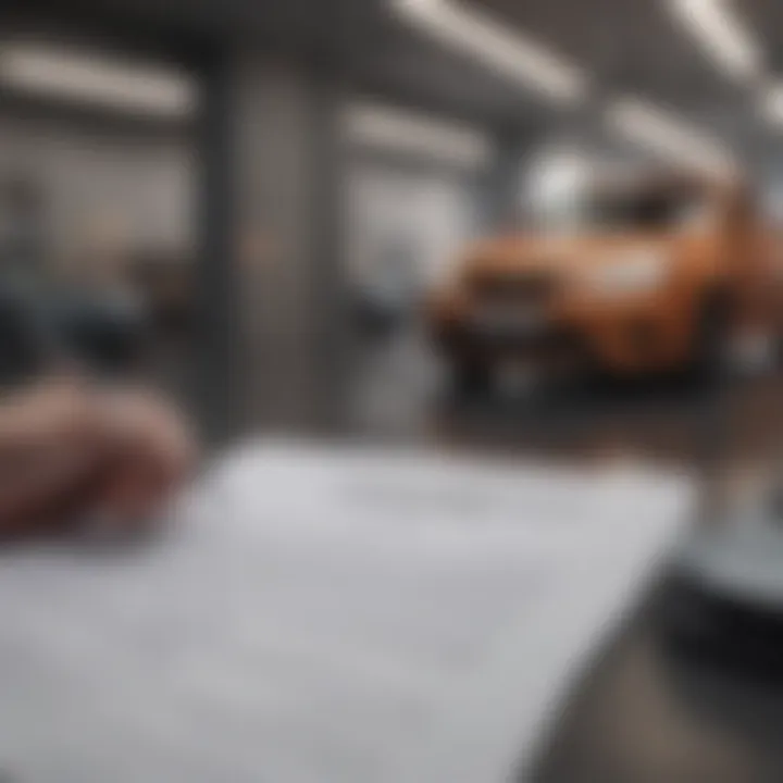 A person reviewing a contract with used car leasing terms highlighted