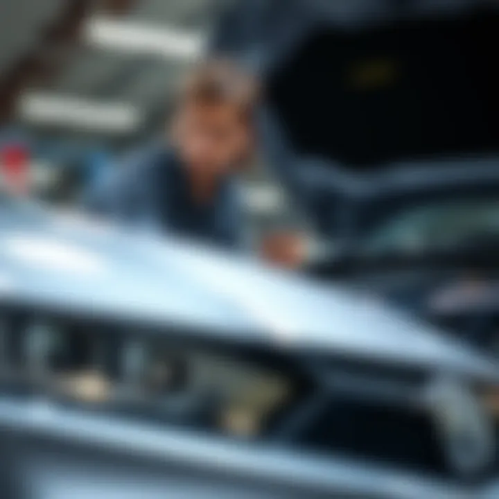 Quality Inspection of a Pre-Owned Acura Mechanic inspecting the quality of a used Acura