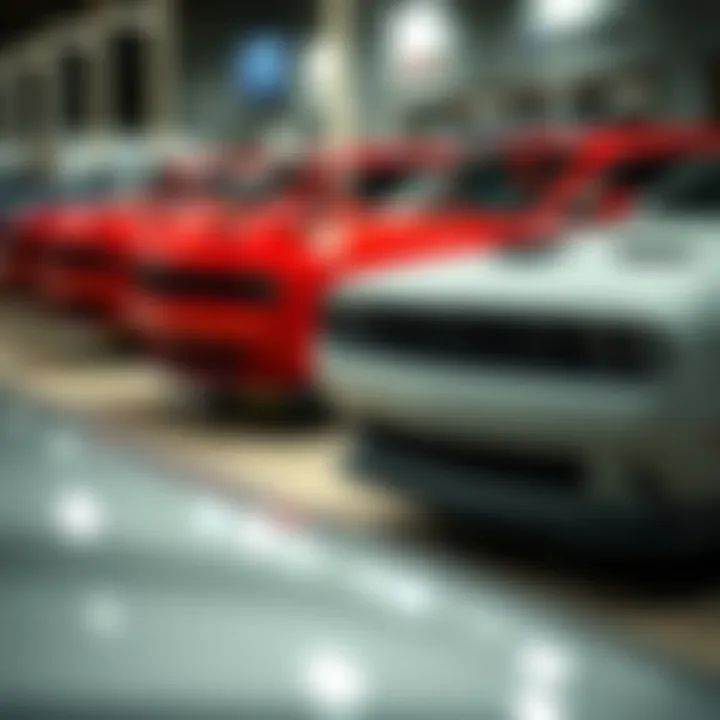 Lineup of various Dodge Challengers available at a dealership in Columbia