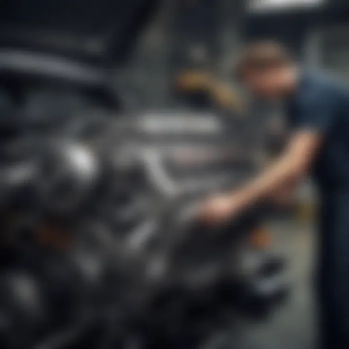 A mechanic inspecting the engine of a full-size sedan, emphasizing craftsmanship.