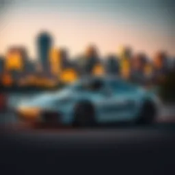 A sleek Porsche parked against the backdrop of Salt Lake City's skyline