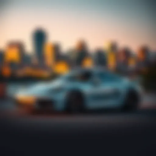 A sleek Porsche parked against the backdrop of Salt Lake City's skyline