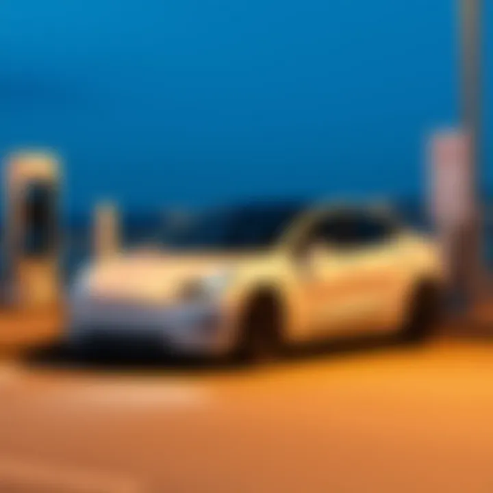 A Tesla Model 3 charging at a station with a scenic San Diego beach view