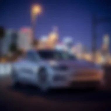 A sleek used Tesla Model 3 parked on a San Diego street with city skyline in the background