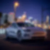 Tesla Model 3 in the Heart of San Diego A sleek used Tesla Model 3 parked on a San Diego street with city skyline in the background