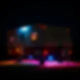 A camper illuminated by vibrant LED under lights at night