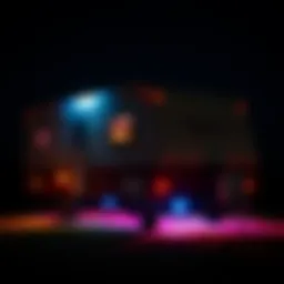A camper illuminated by vibrant LED under lights at night