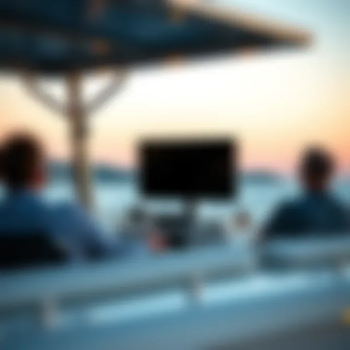 Outdoor setting with a 12V TV by the water