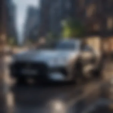 Luxury and Sustainability in Urban Settings Stylish luxury car parked in an urban environment, emphasizing luxury and sustainability