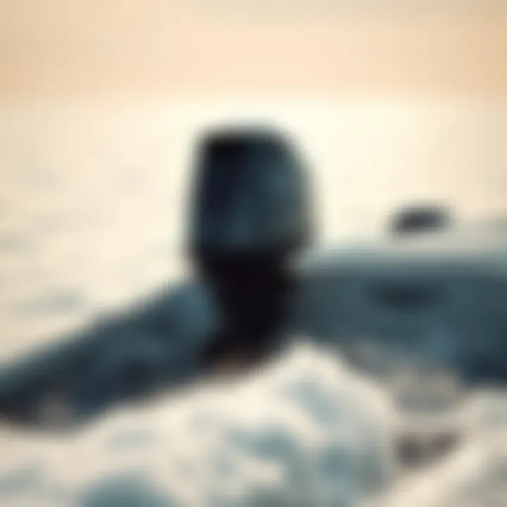 Outboard Motor in Action on the Water An outdoor scene depicting a boat powered by an outboard motor navigating through serene waters.