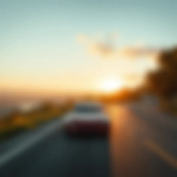 Tesla on a Scenic Drive A scenic view of a Tesla driving along a picturesque road