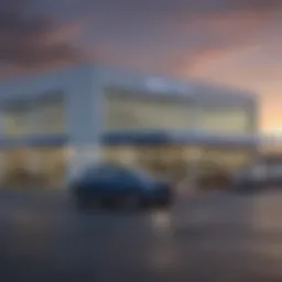 Exterior view of a Ford dealership in Schaumburg, Illinois showcasing the latest model displays