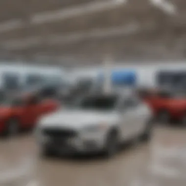 Inside a Ford dealership, highlighting a variety of Ford vehicles available for purchase