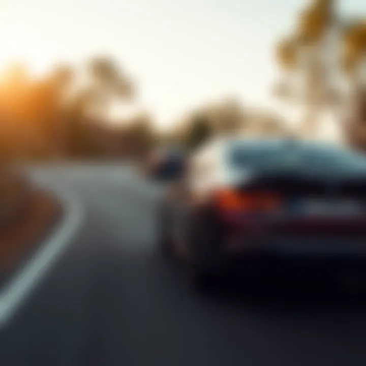 Dynamic Driving Scene with Midsize Sedan A dynamic driving scene featuring a midsize sedan on a winding road