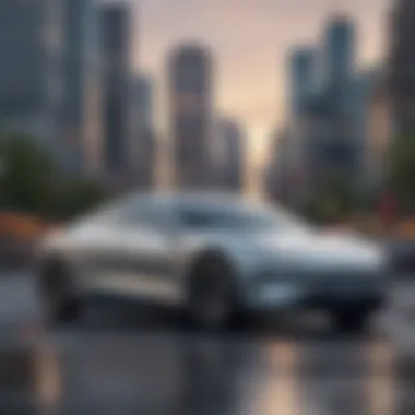 Modern Design of All Electric Hybrid Cars A sleek all electric hybrid car parked against a modern city skyline