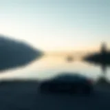 A serene landscape showcasing a lone vehicle parked by a tranquil lake