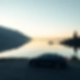 A serene landscape showcasing a lone vehicle parked by a tranquil lake