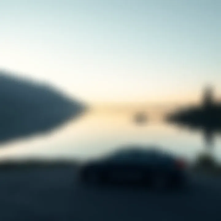 Solitude and Reflection: The Vehicle by the Water A serene landscape showcasing a lone vehicle parked by a tranquil lake
