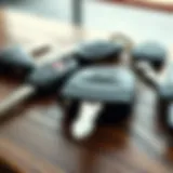 Close-up of different car key types on a wooden surface