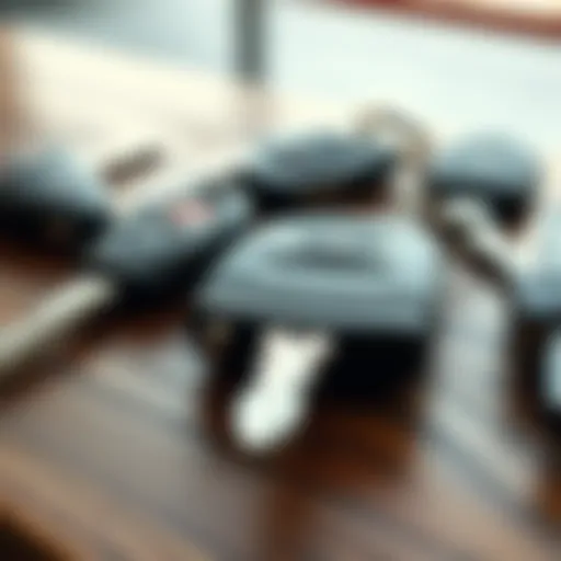 Close-up of different car key types on a wooden surface