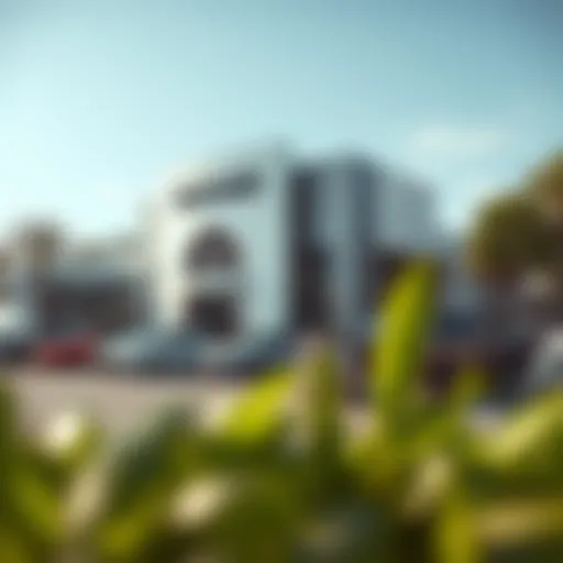 Exterior view of a modern RAM dealership in Venice showcasing the variety of available vehicles