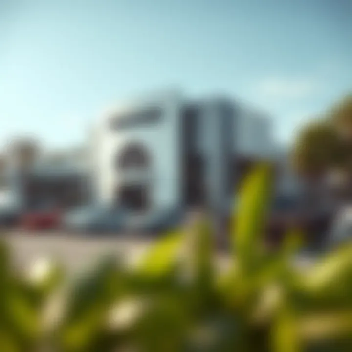 Exterior view of a modern RAM dealership in Venice showcasing the variety of available vehicles