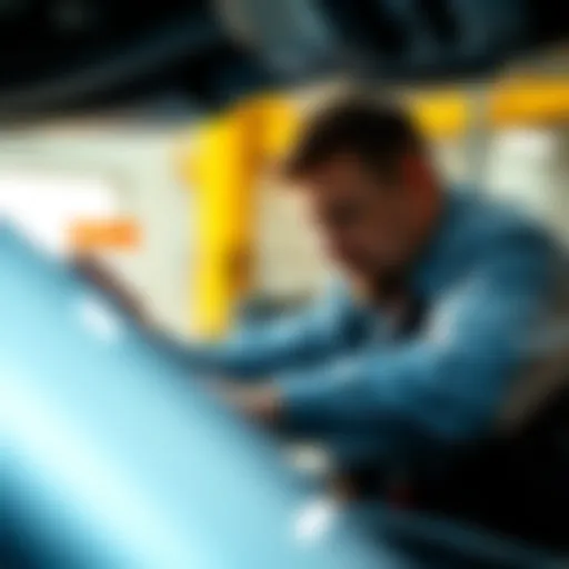 Expert Mechanic at Work on AC System A skilled mechanic examining a car's air conditioning unit